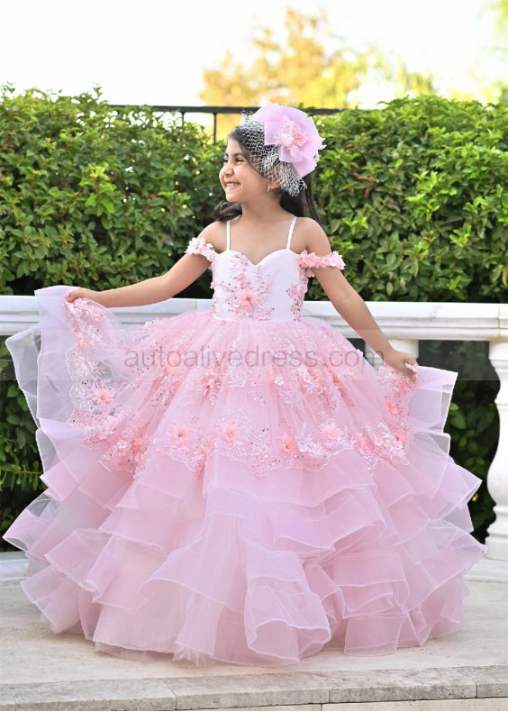 Off Shoulder Pink Beaded Lace Layered Tulle Flower Girl Dress